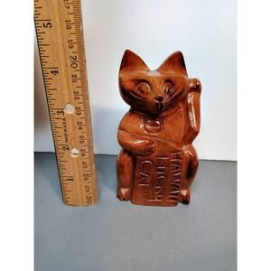 Vintage Hawaii Lucky Cat Hand Carved Wood Maneki Neko Figurine Philippines 4.5"